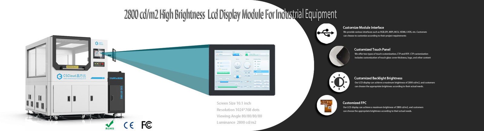 2800 Nits High Brightness Industrial Display Module 10.1 Inch 1280x800